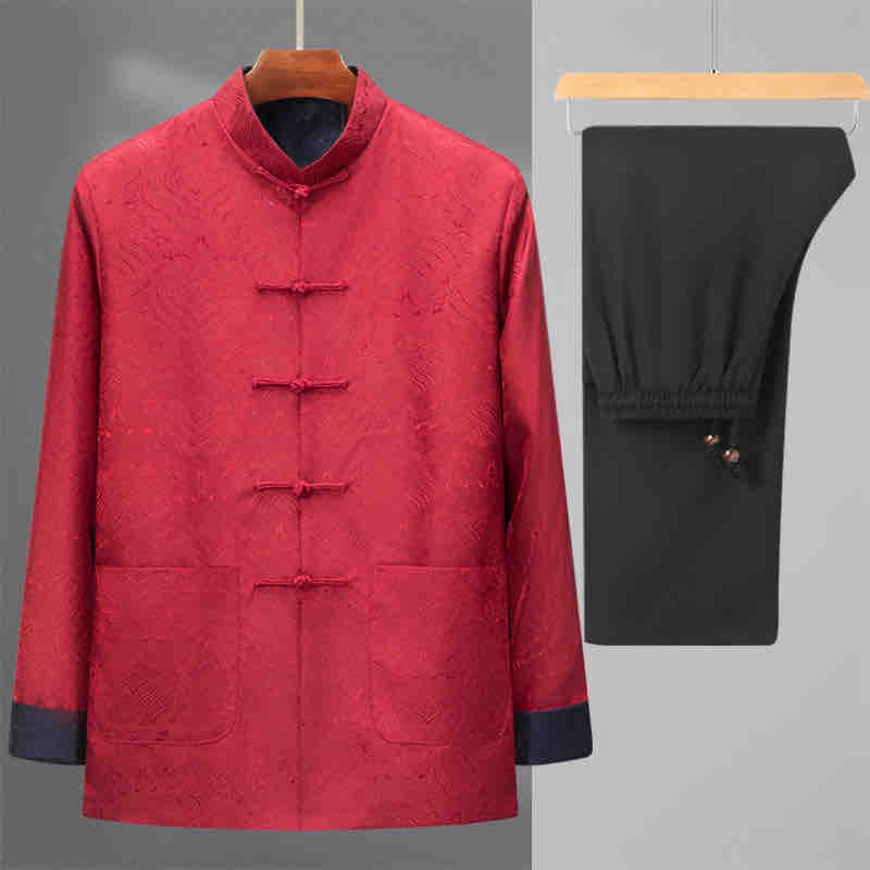 中老年男士唐装爸爸双面穿丝绸缎宽松长袖爷爷汉服盘扣夹克外套装