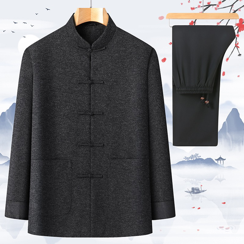 高端春秋冬唐装男中国风羊毛呢男装中式复古改良外套长袖上衣汉服