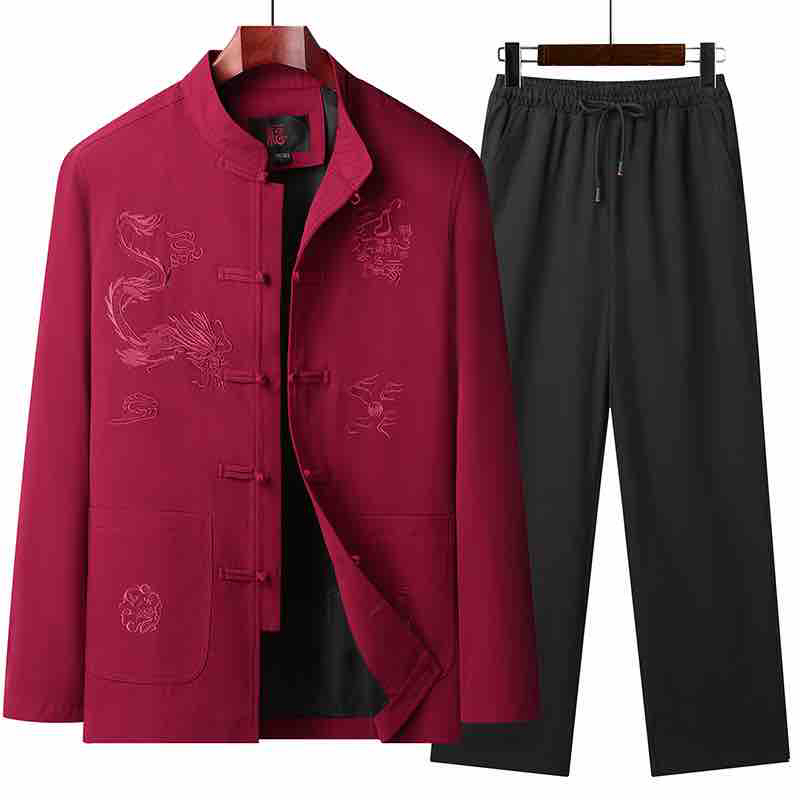 男士唐装爸爸夹克春秋季爷爷外套刺绣中国风男装汉服2256