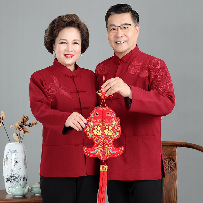中老年人唐装长袖外套爸爸妈妈婚礼服情侣装秋冬老人生日喜庆