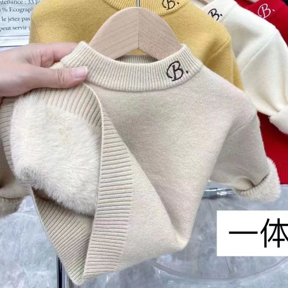 儿童加绒打底衫男童女童一体绒加厚半高领新款洋气长袖T
