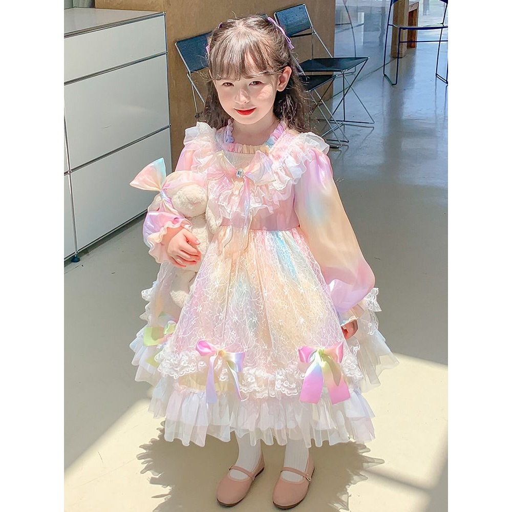 洛丽塔公主裙儿童彩虹公主裙秋冬女童七彩礼服小女孩洋气生日蕾丝