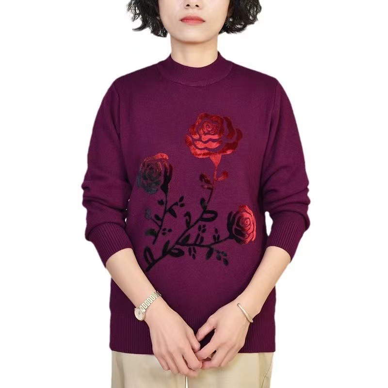 三朵花一体绒奶奶装保暖针织上衣加绒加厚中老年毛衣女士上衣