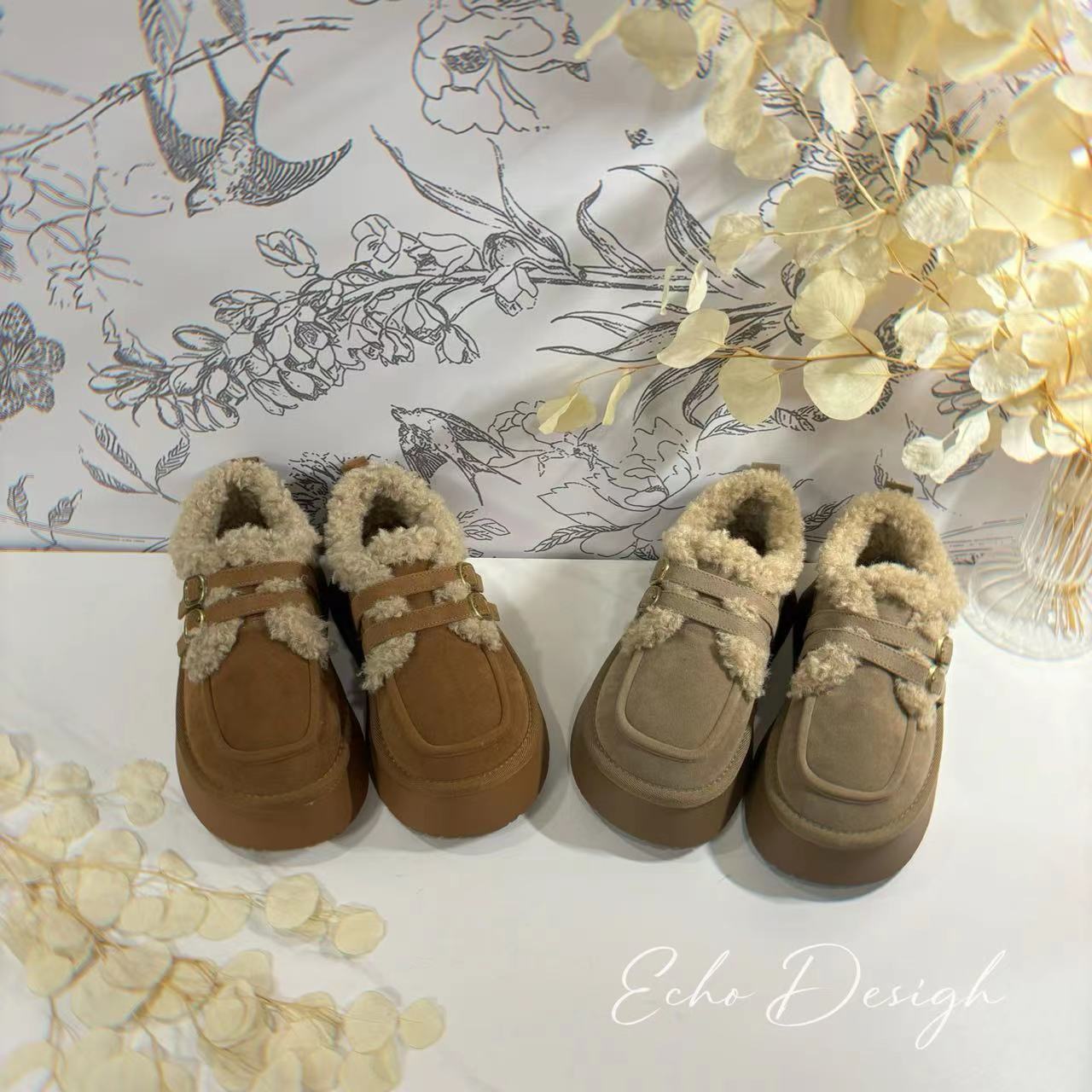 【ECHO】厚底皮毛一体保暖防滑雪地靴女冬季加绒加厚软底冬勃肯鞋