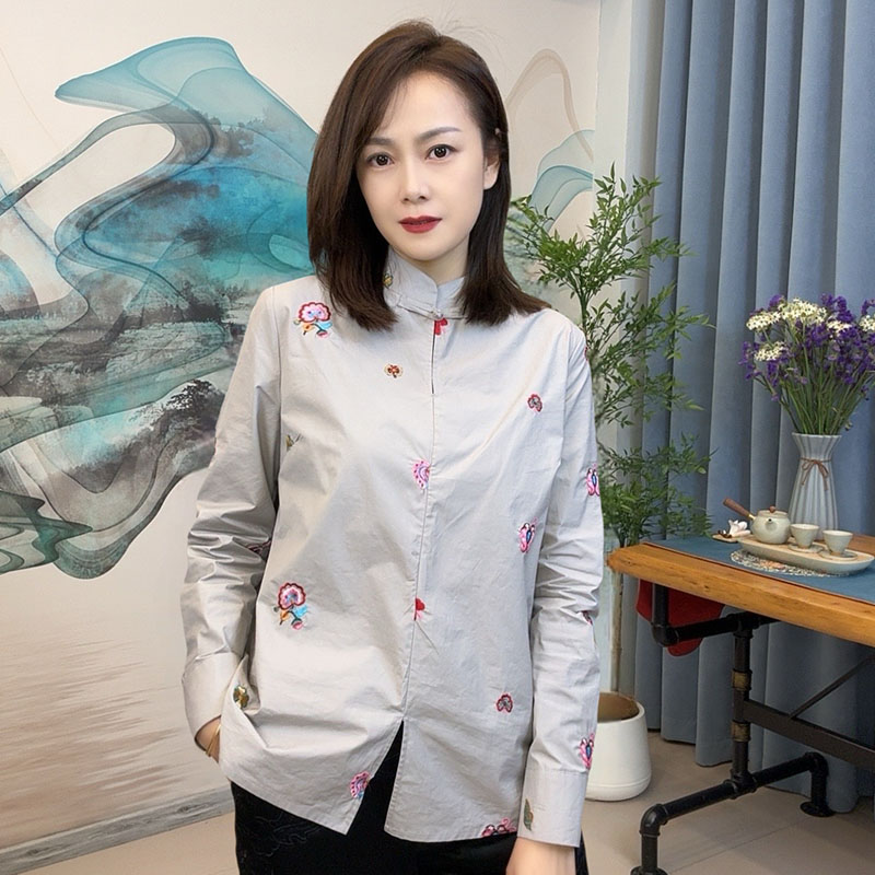 新款衬衫刺绣立领复古盘扣设计新中式休闲洋气显瘦衬衣潮6666-1