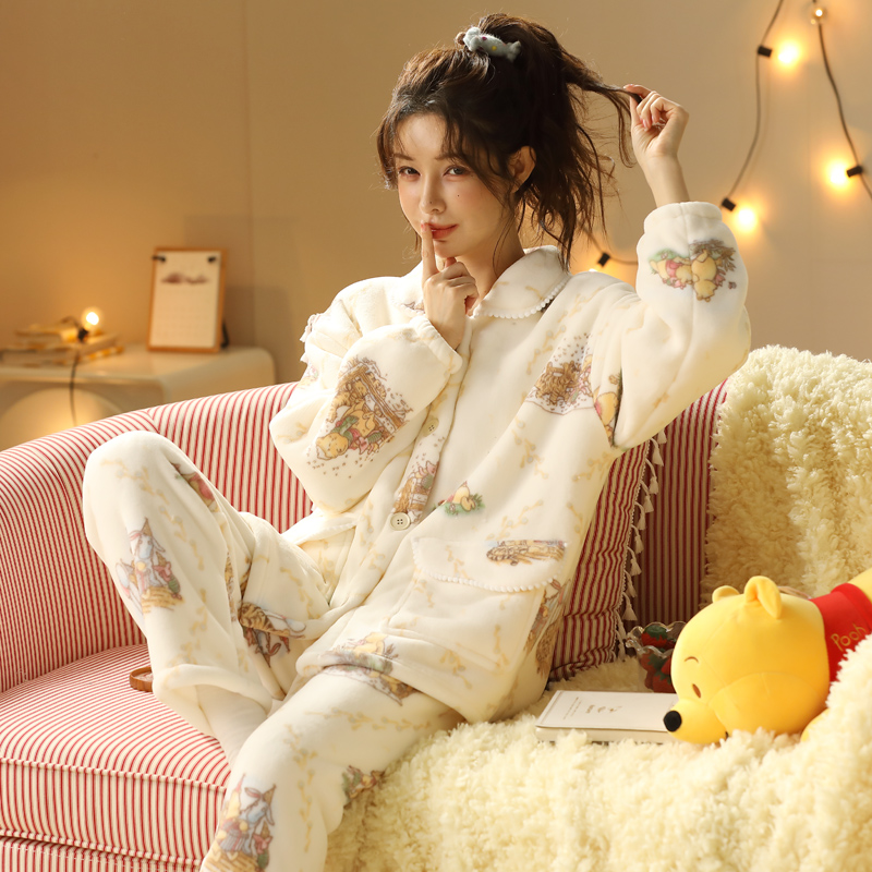双层加厚加绒睡衣女秋冬季可爱珊瑚绒牛奶绒套装可外传家居服