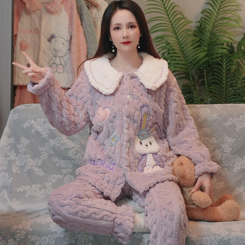 2023年新款睡衣女加绒加厚秋冬季珊瑚绒保暖家居服套装冬天可外穿