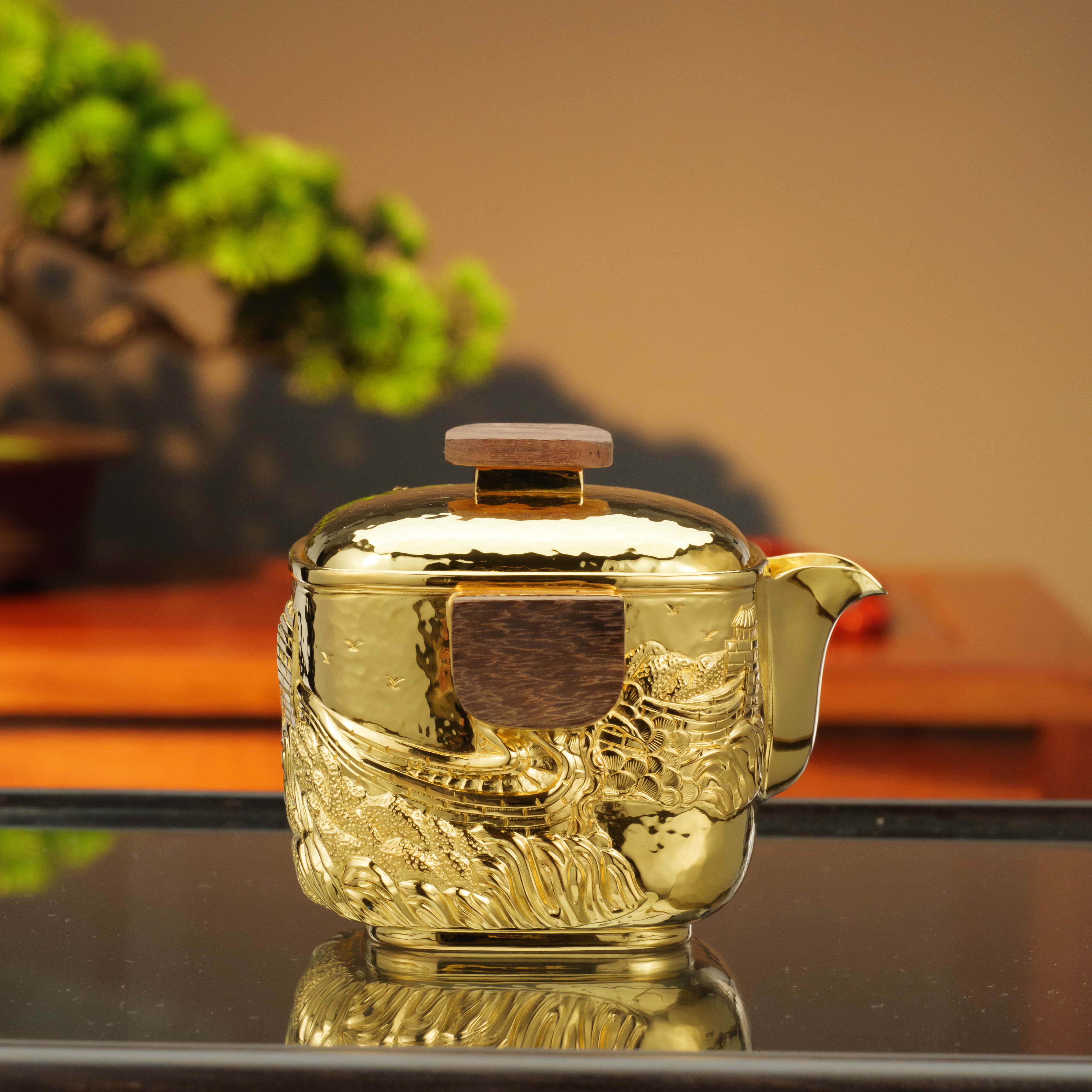 古悦金色纯手工錾刻 长城盖碗 家用中式泡茶壶