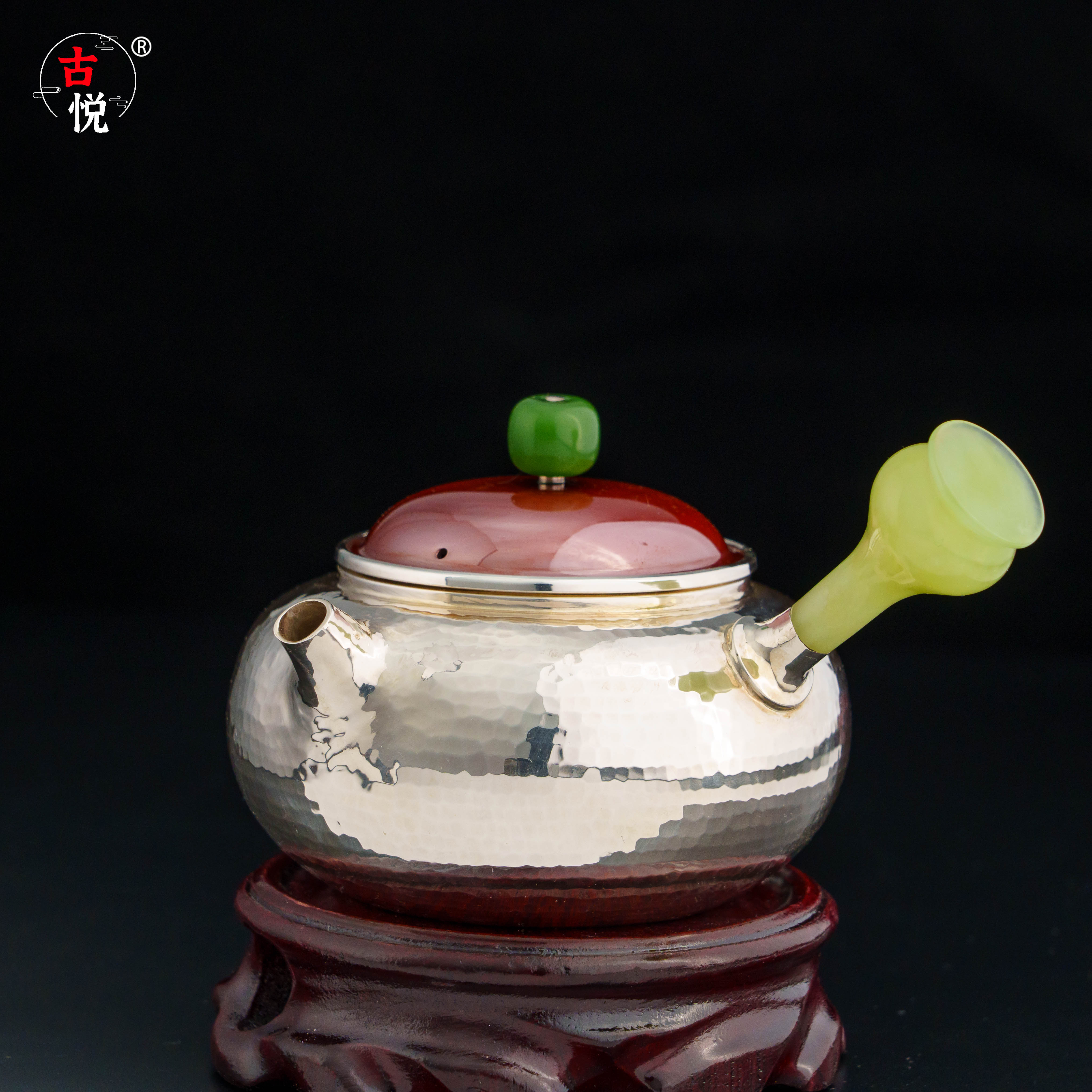 古悦品牌系列 玉把铜包银盖侧把泡茶壶  锤纹家用泡茶壶约160CC