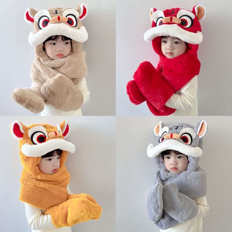 儿童帽子围巾手套三件套男童围脖一体帽冬季可爱老虎头宝宝防风帽