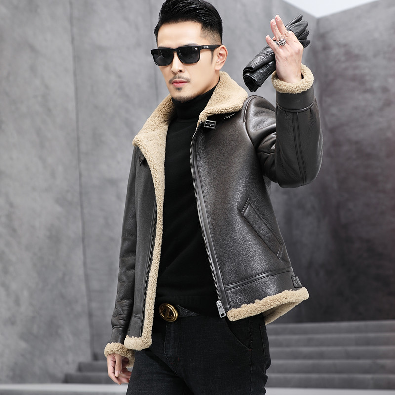 新款羊皮毛一体b3空军飞行夹克真皮衣男士皮草外套原生态皮袄休闲