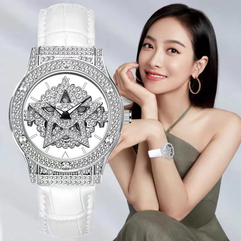 满钻五芒星女式手表时尚百搭旋转大表盘满天星钻石镂空防水石英表