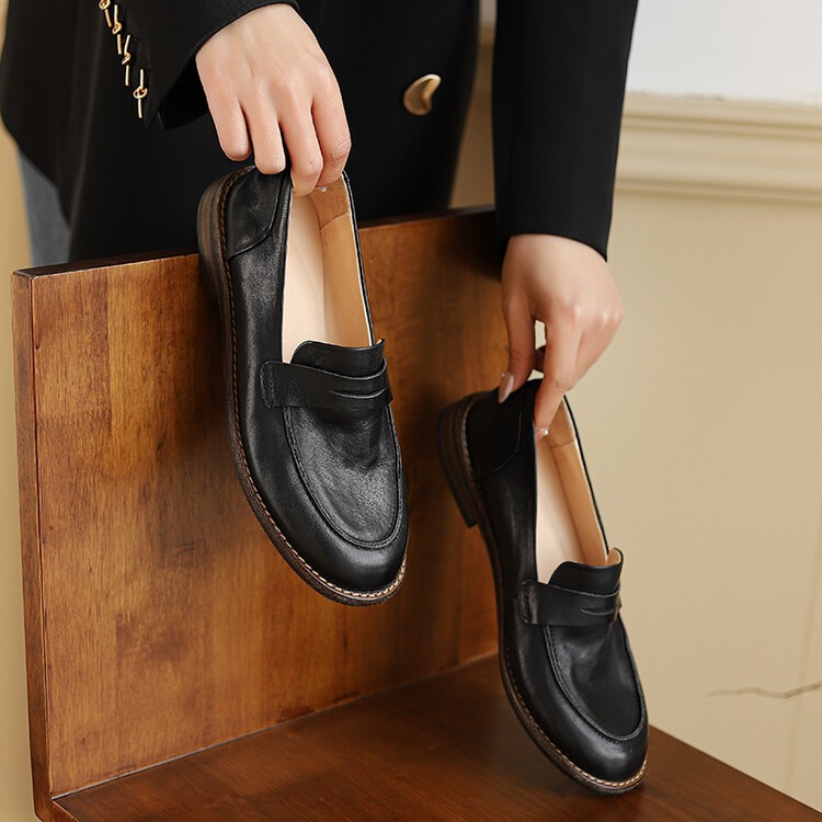 跟高2.5cm水洗牛皮手工鞋真皮大底乐福鞋百搭黑色真皮女鞋英伦风