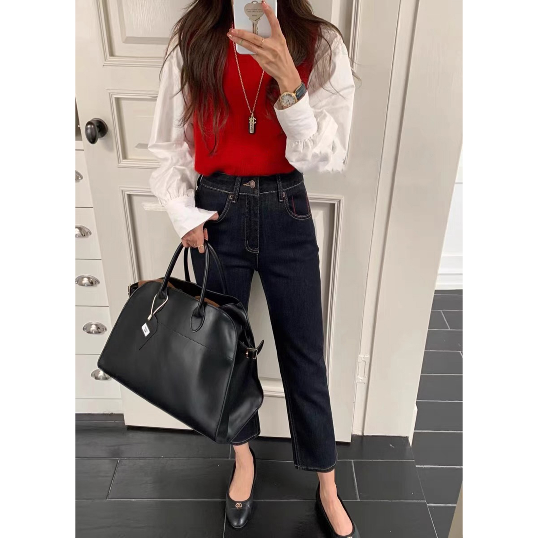 玳妮【四面弹烟管裤】秋季高腰字母标剪边口袋直筒裤时尚九分牛仔裤