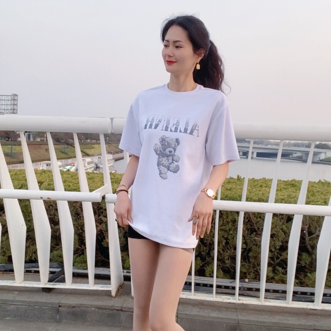 高端纯棉T四季款女款白色时尚休闲夏季宽松印花圆领