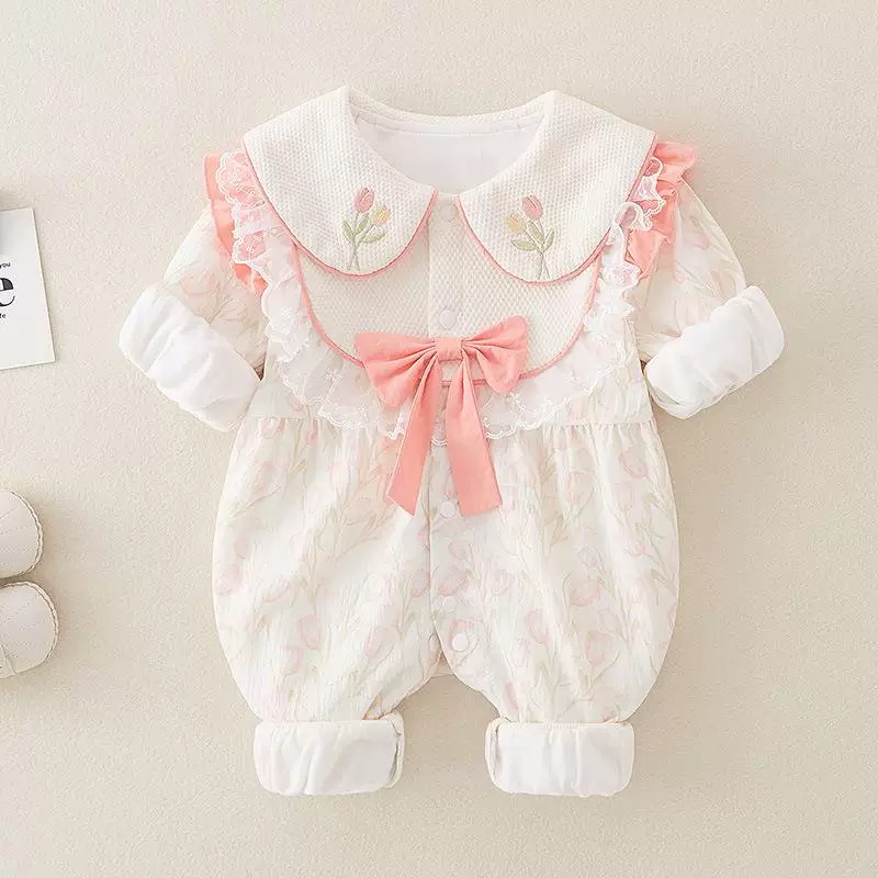 粉色郁金香女宝宝春秋连体衣哈衣满月外出服爬爬服甜美系双层婴儿
