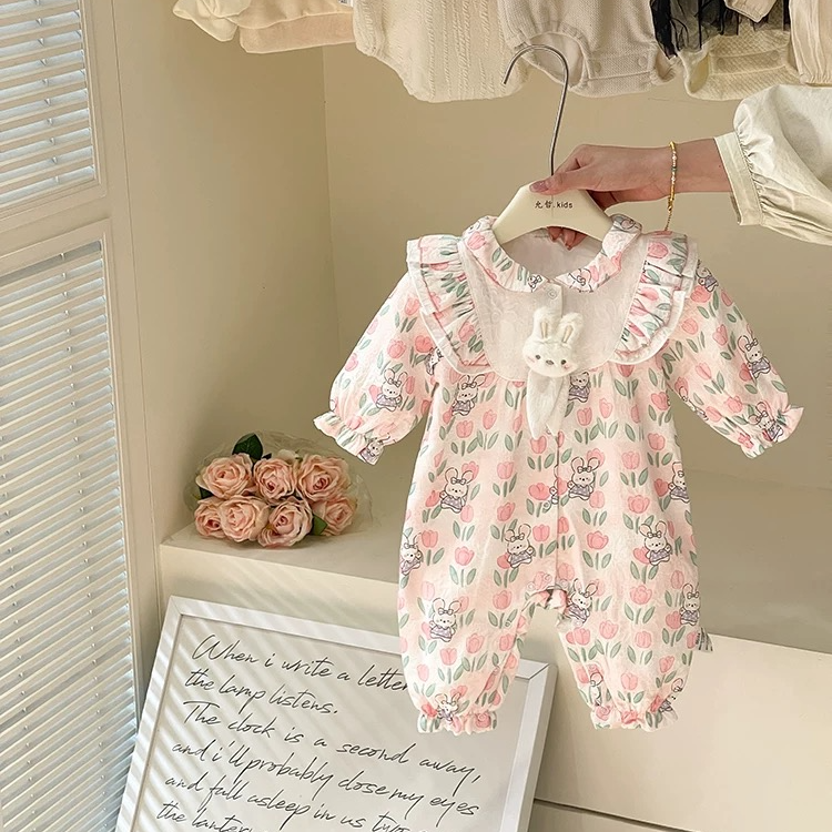 花朵小兔女宝宝春秋连体衣哈衣外出服爬爬服甜美婴儿礼服新生儿
