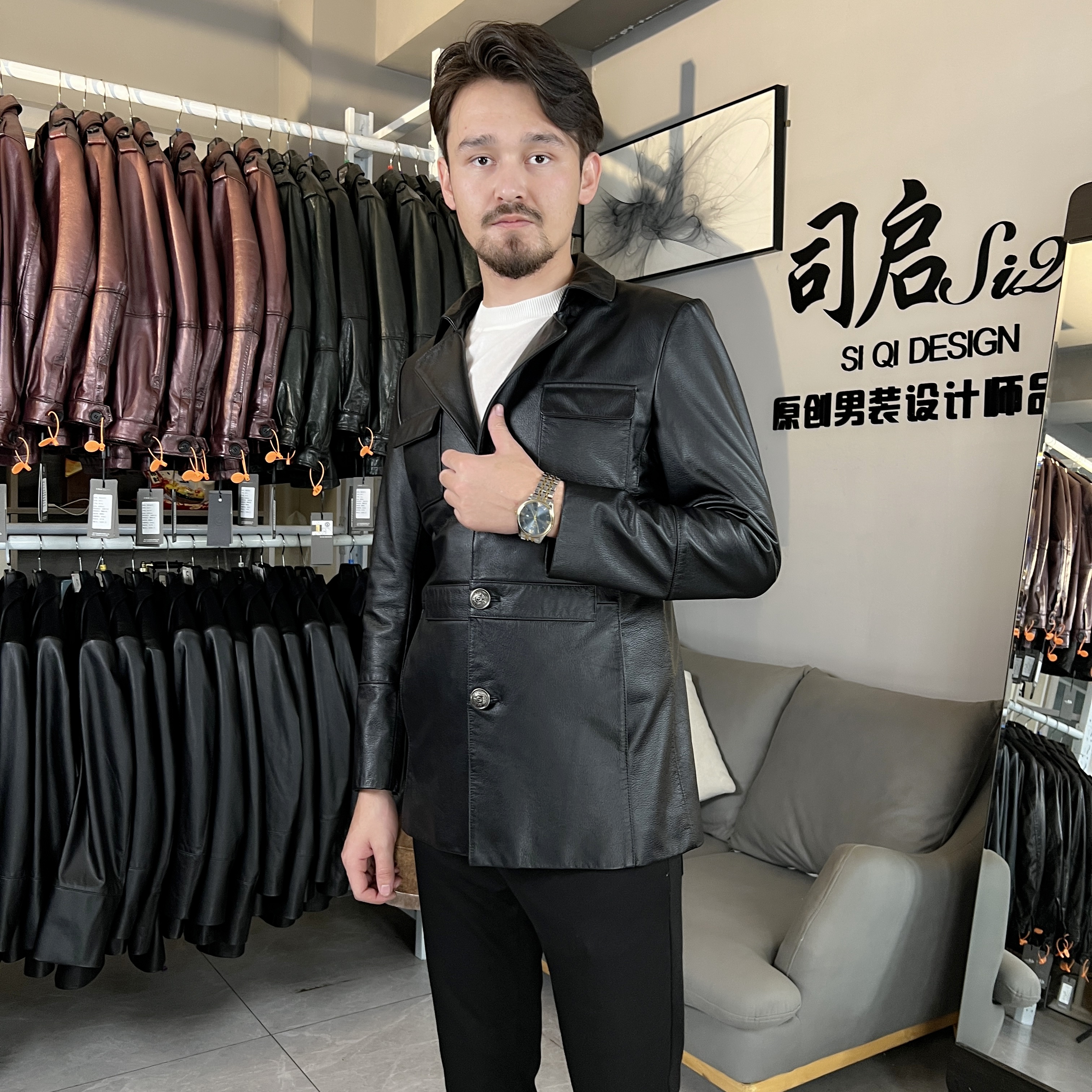 春秋潮牌男装牛皮男士气质时尚休闲百搭黑色简约修身中长真皮风衣