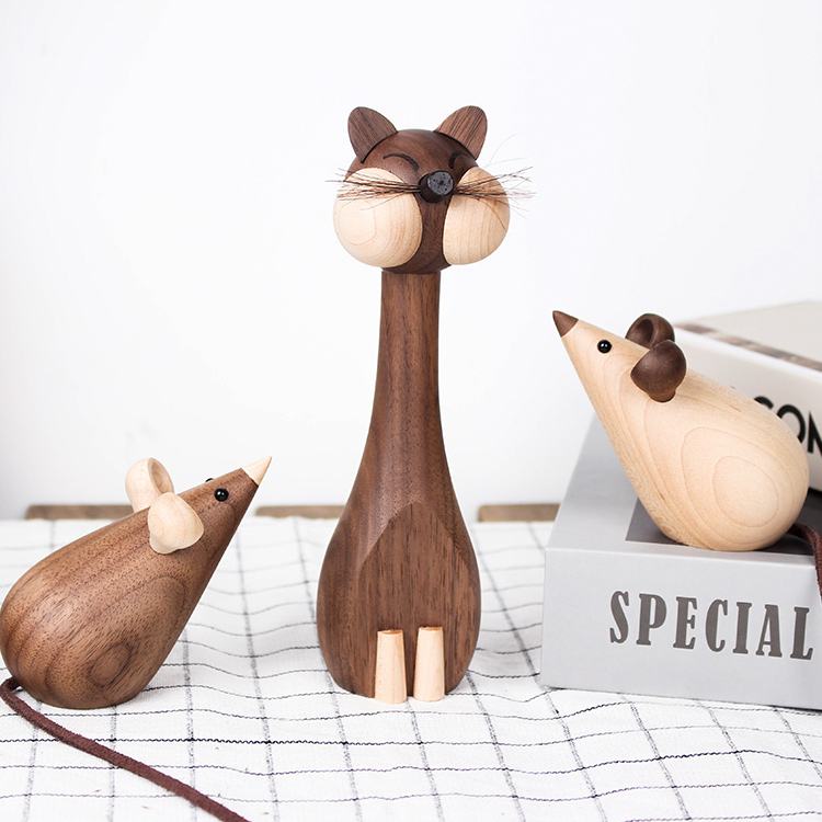 创意猫和老鼠摆件木制工艺品黑胡桃木北欧家居摆件书房装饰品礼物