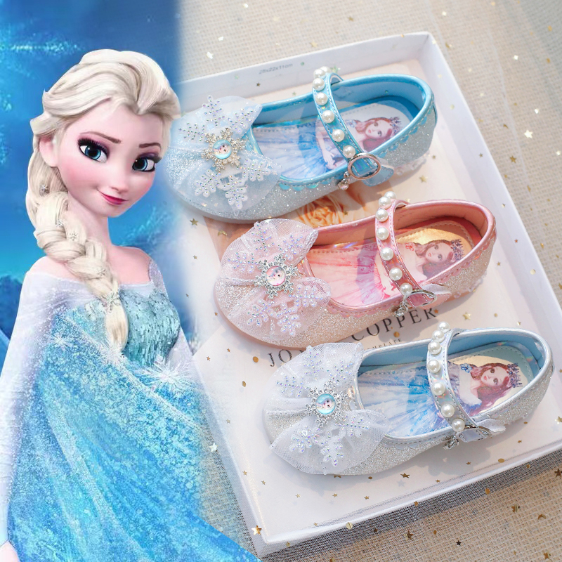 爱莎公主鞋2023新款小女孩水晶鞋魔术贴女宝宝鞋子蓝色儿童高跟鞋