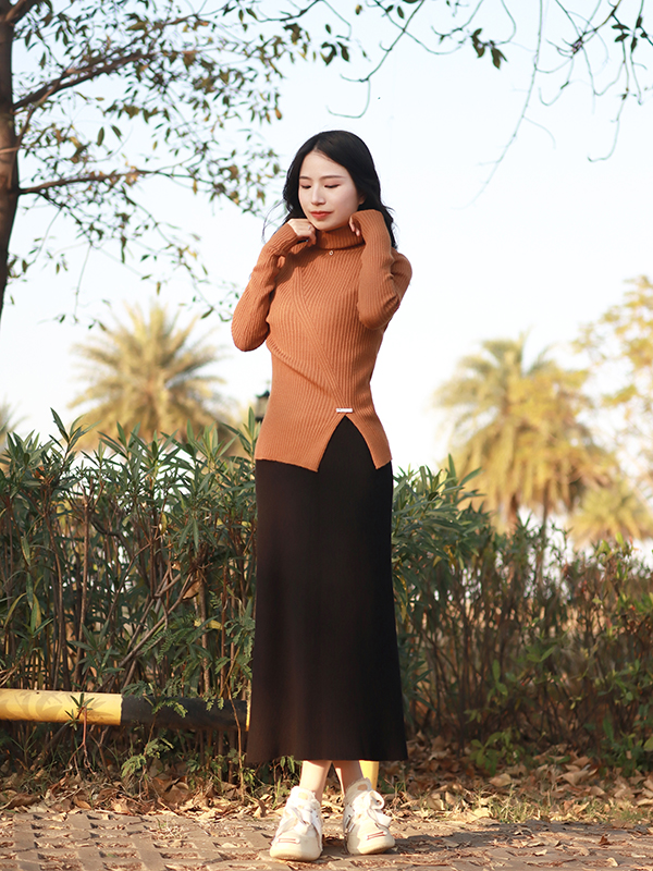 优雅气质高领毛衣设计款绵羊毛下摆开叉长袖打底衫上衣女