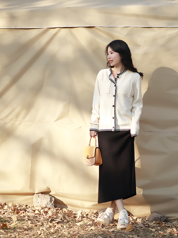 温柔气质新款长袖外搭开衫女时尚拼色圆领小香风外套女