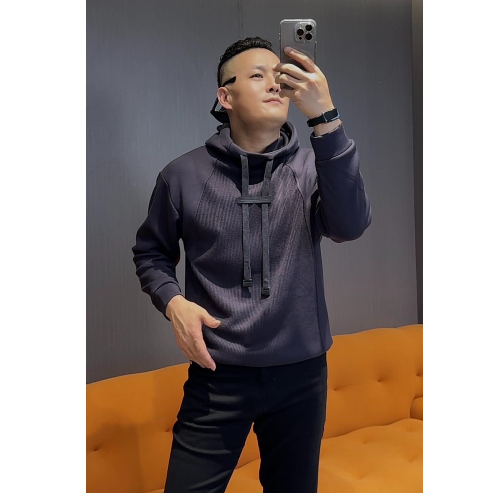 冬季加绒加厚男士卫衣连帽拼接撞色保暖休闲不臃肿结构感设计外套