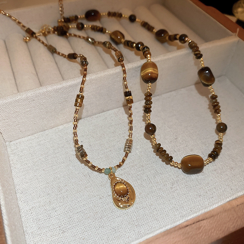 铜合金项链 秋冬美拉德链条不规则虎石项链毛衣链时尚高级感项饰