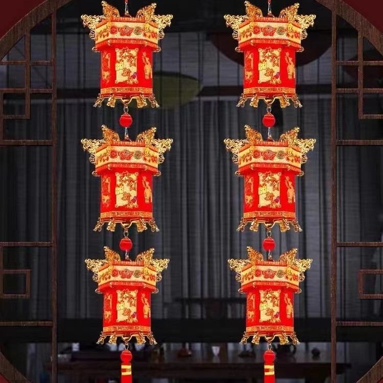 大红宫灯三连串送挂钩新年灯笼中式六角宫灯中国风装饰