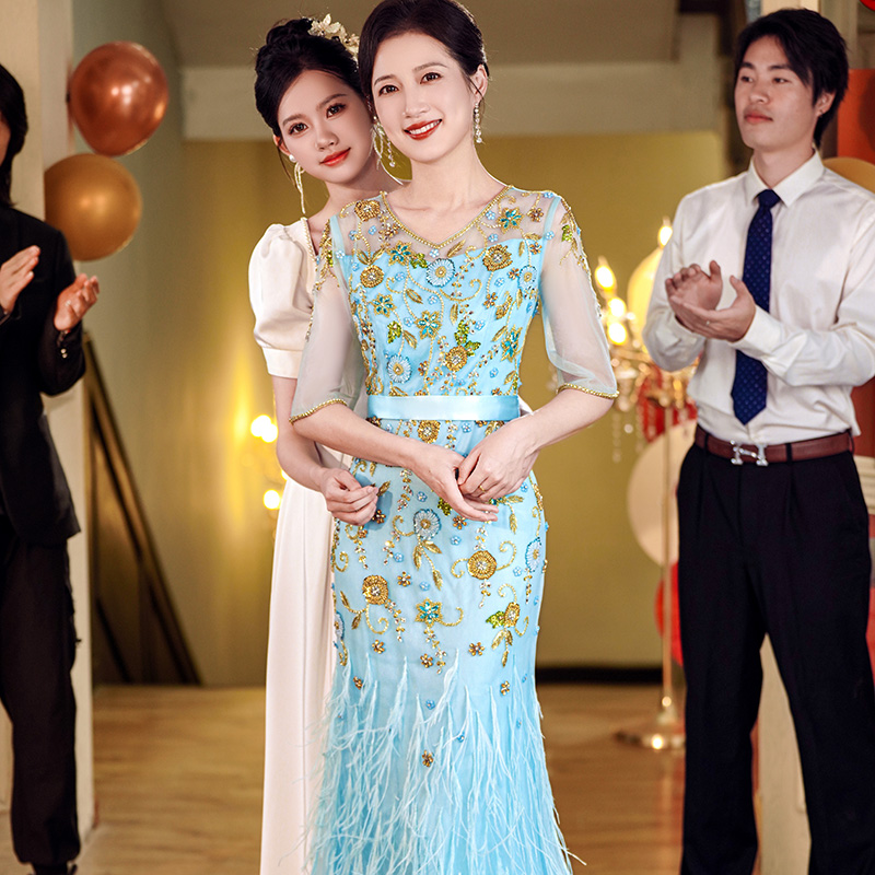 6008晚礼服裙女2024新款高级感宴会大气演出主持人轻奢气质连衣裙