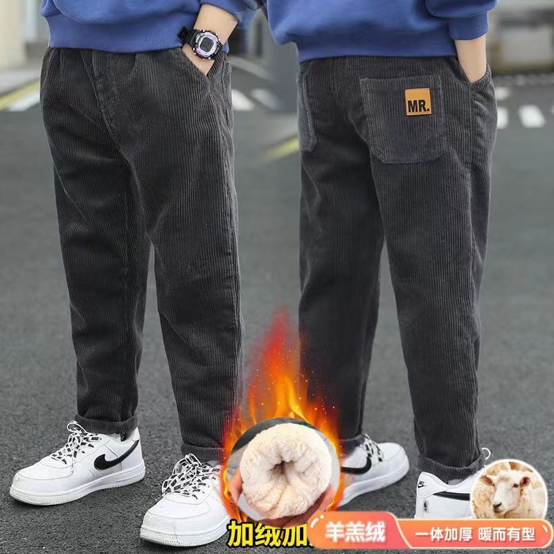新品巴拉巴拉男童加绒羊羔绒MR裤子冬款2023冬装中大童灯芯绒加厚