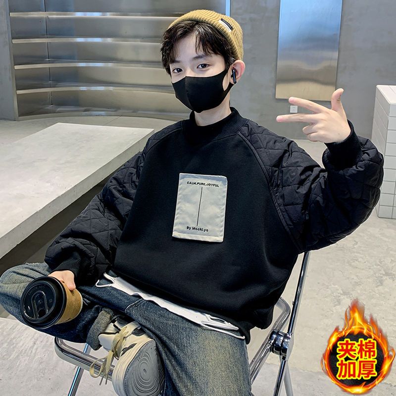 童装男童加绒卫衣秋冬款儿童半高领上衣中大童男孩一体绒打底衫潮