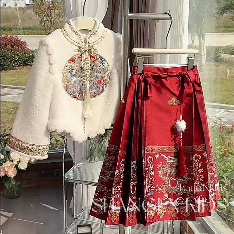 新品巴拉巴拉龙凤呈祥马面裙女童冬季服加绒儿童裙子拜年服2023新