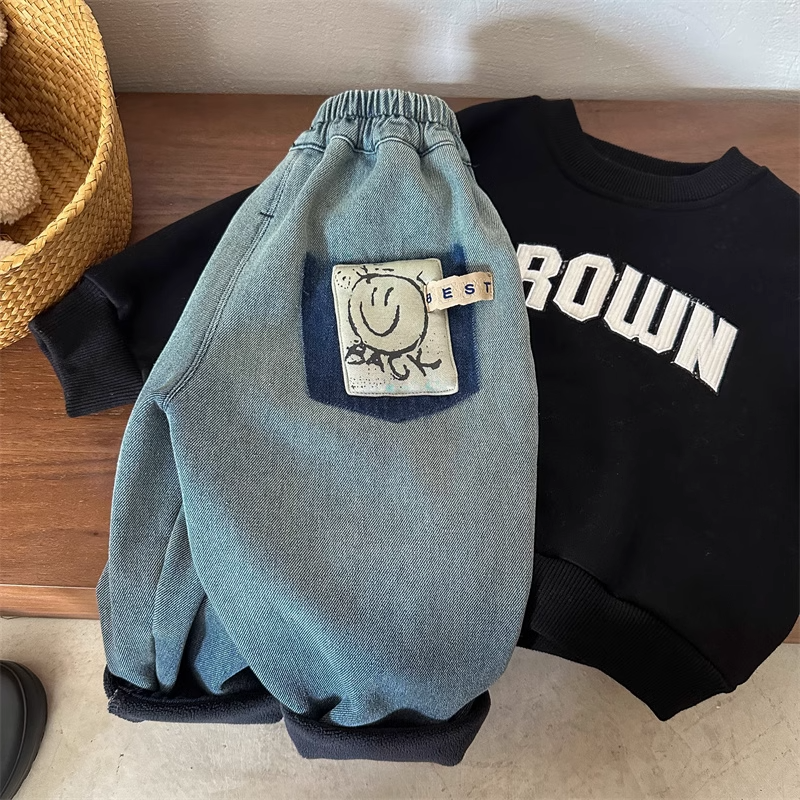 【咕噜】儿童牛仔裤2023冬男女童一体绒笑脸加绒哈伦休闲裤宝宝加绒