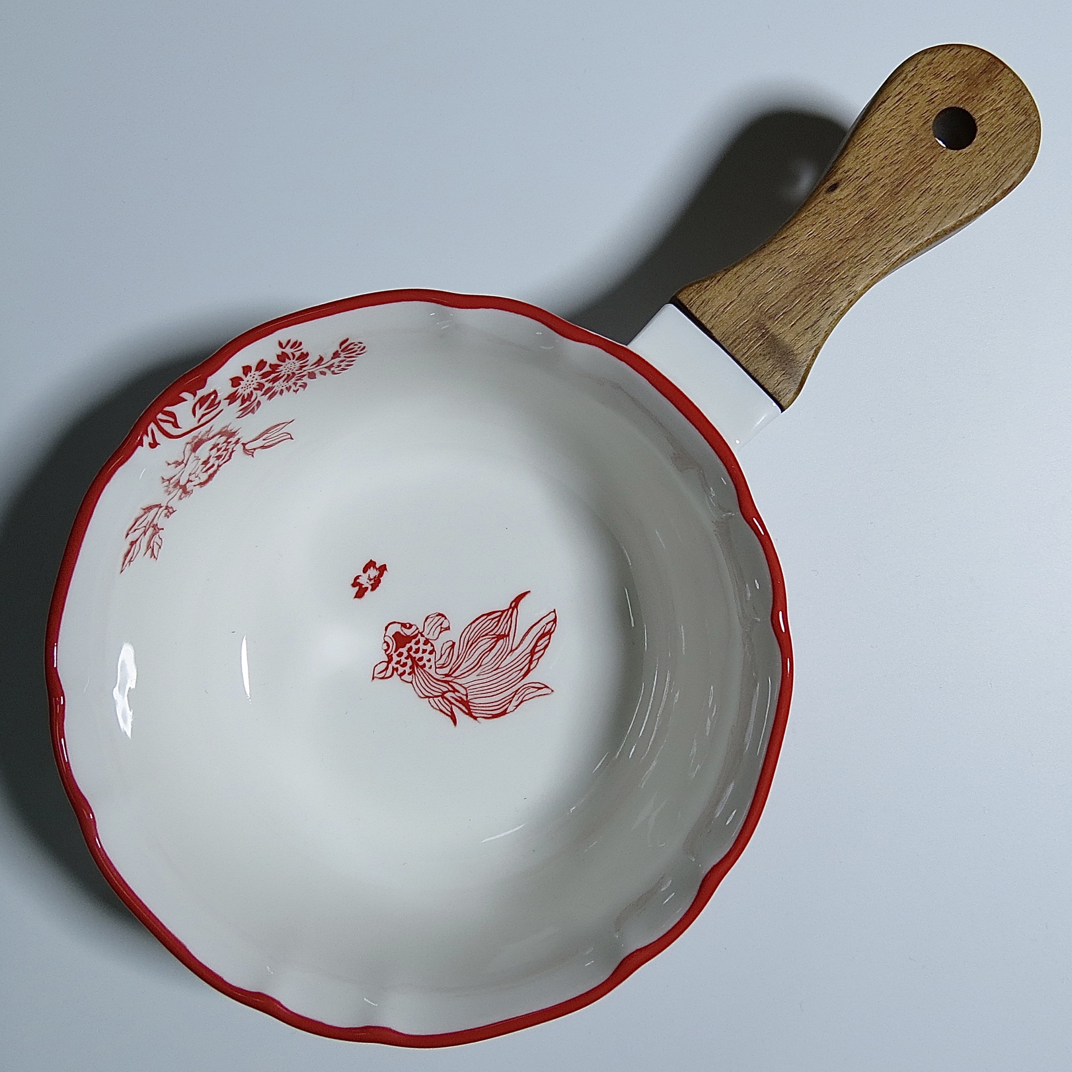 【鱼跃花间】木把圆碗26.5cm 重工釉中彩  陶瓷手柄盘子餐具家用