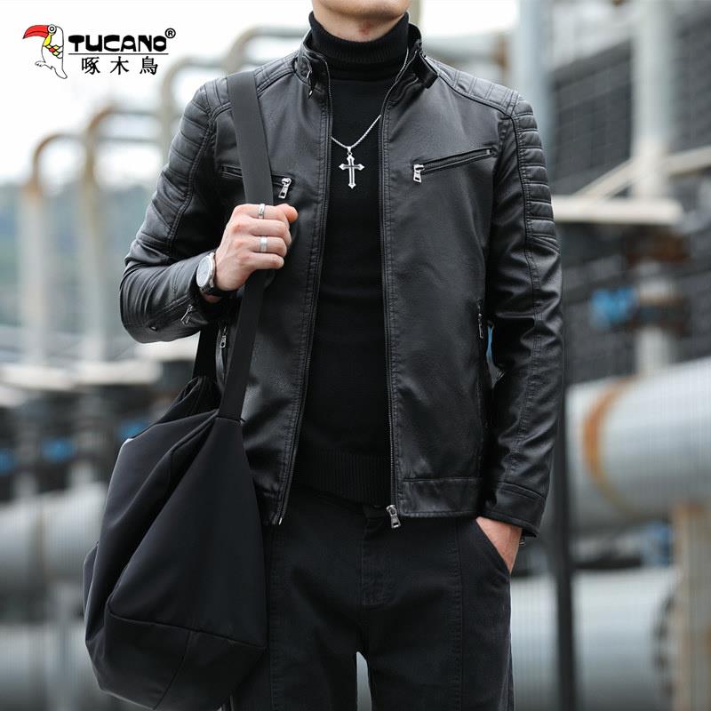 啄木鸟皮衣男士春秋款韩版潮流修身帅气冬季加绒机车服皮夹克外套