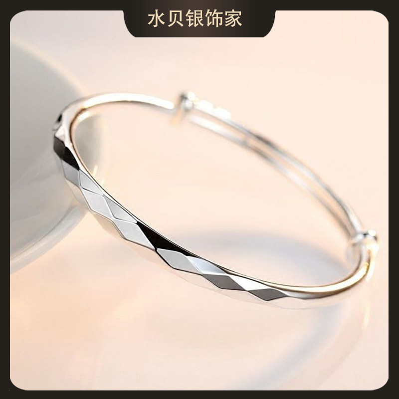 足银手镯 足银9999纯银镯子 水立方银手镯女光面实心手工七夕礼物