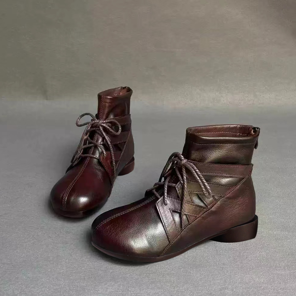 2024秋冬新款真皮复古圆头平底马丁靴中老年软底舒适百搭休闲短靴