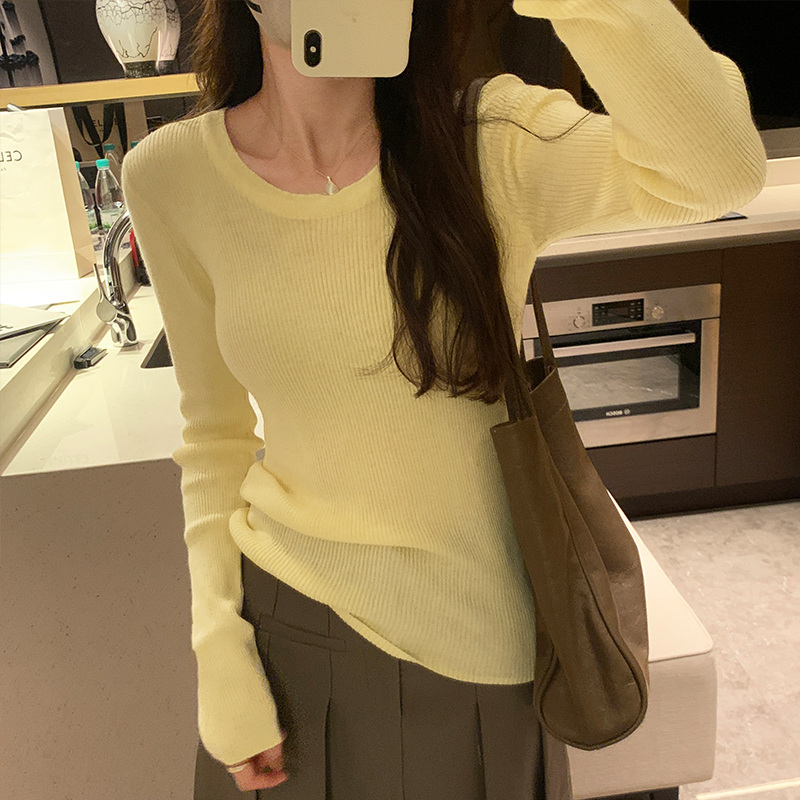 【部分现】简约套头圆领修身长袖T恤女秋冬2024新款ins针织上衣M045