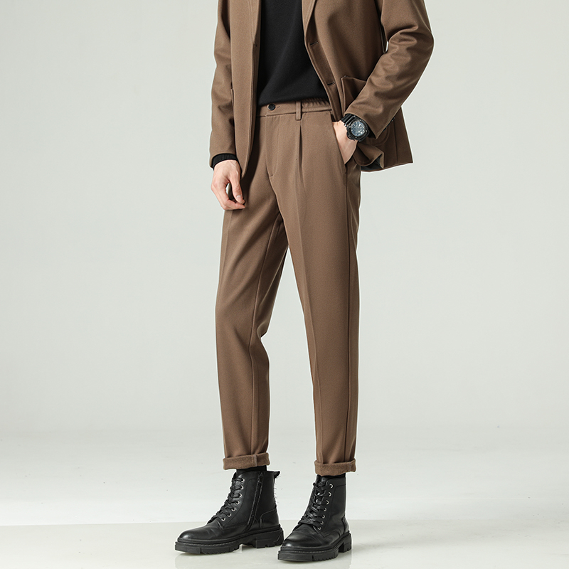 毛呢加厚加绒商务休闲裤男士修身百搭松紧腰潮流磨毛九分长裤四色