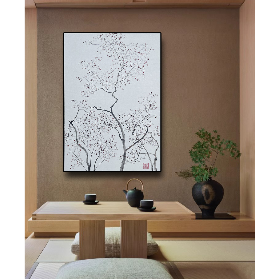 纯手绘玄关画茶室挂画现代新中式背景墙油画