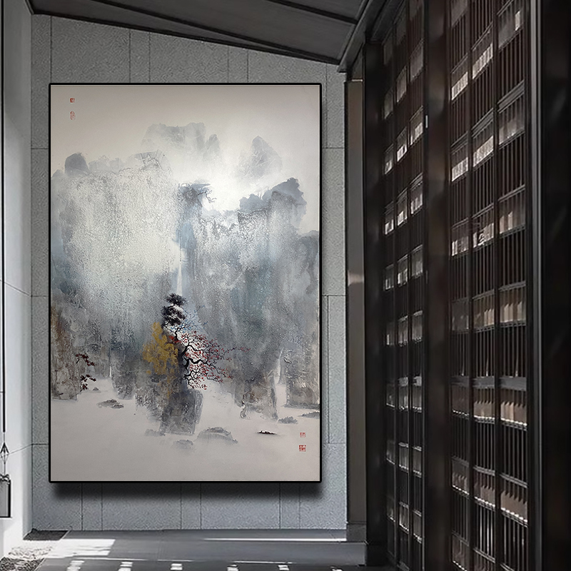 原创手绘风景油画客厅背景墙挂画大厅挂画现代新中式背景墙挂画