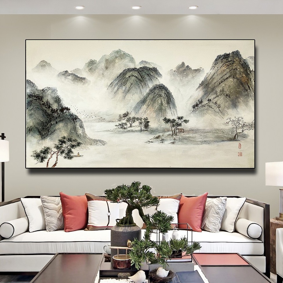 纯手绘山水画青山绿水挂画背景墙客厅丙烯画