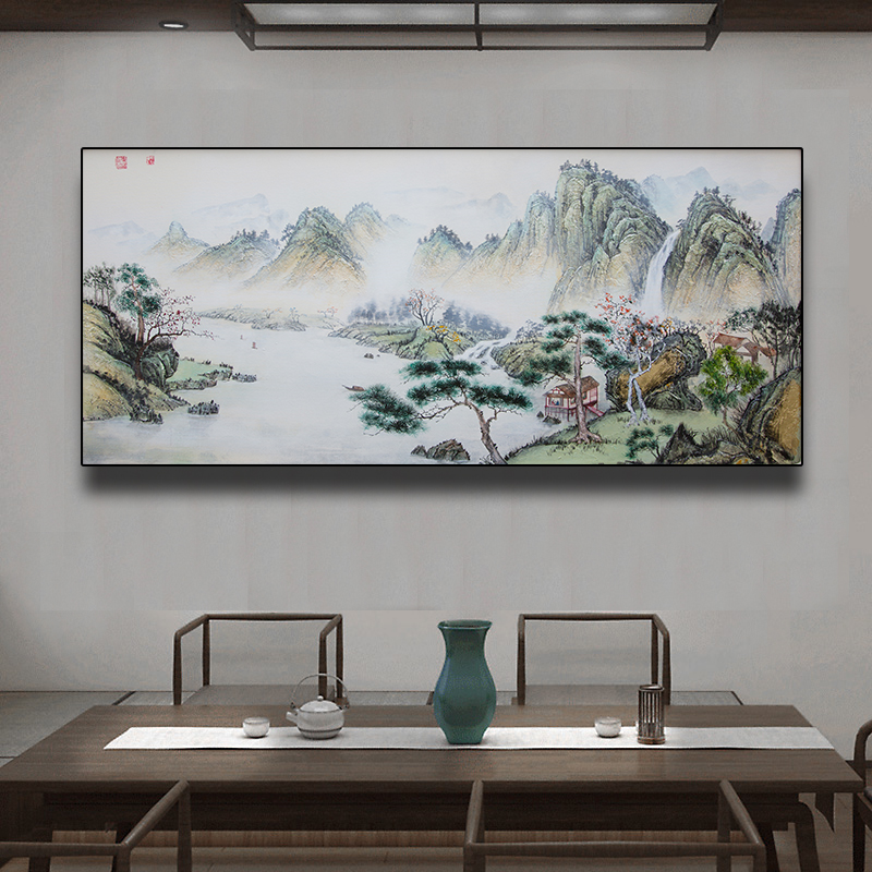 纯手绘现代新中式油画客厅沙发背景墙挂画山水画背景墙挂画