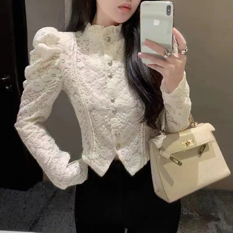 小香风宫廷泡泡袖衬衫女秋冬洋气高领蕾丝打底衫内搭法式别致上衣