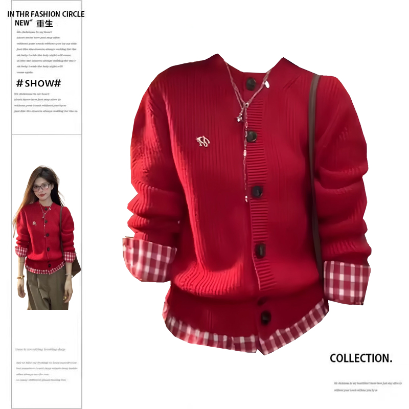 大码红色格子拼接假两件针织开衫女秋季微胖MM休闲百搭设计感上衣