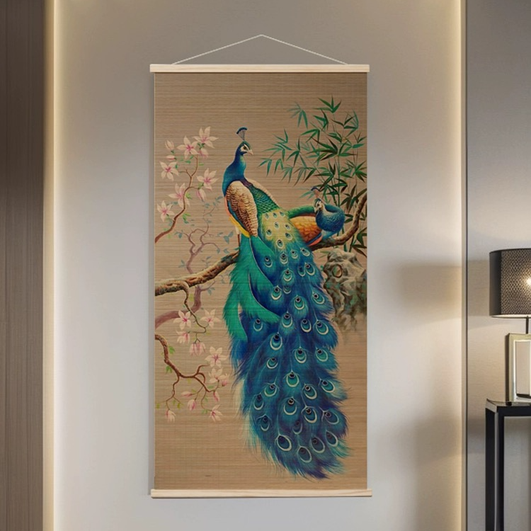 中式复古高档竹编挂画客厅玄关茶室竹丝孔雀图装饰画环保印花竹帘