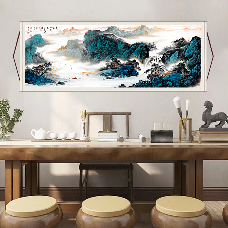 丈二《春山富水》大气背景墙横幅挂画国风艺术山水画靠山图装饰画X7