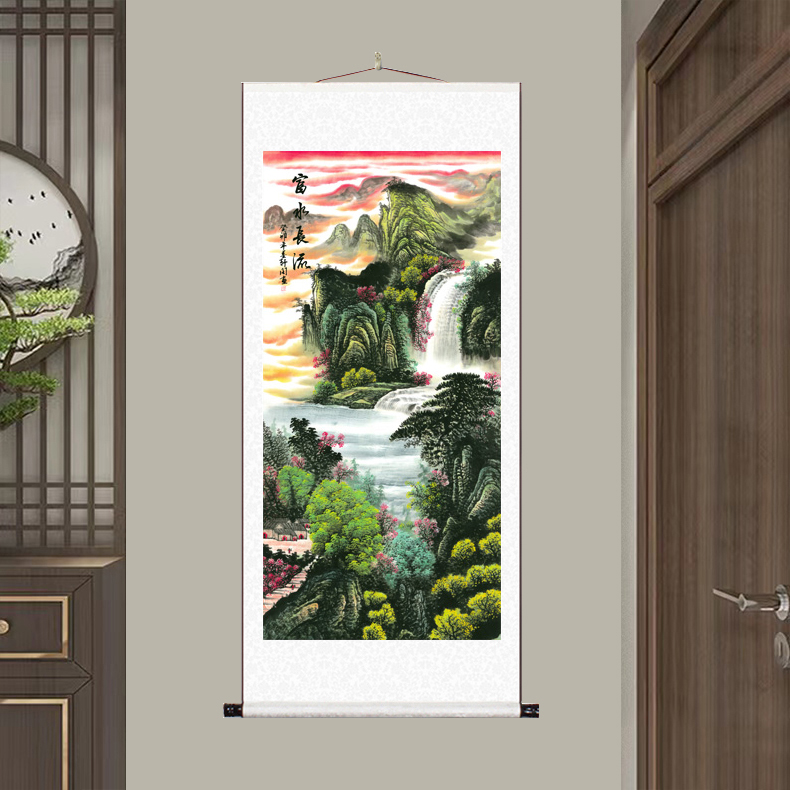 《富水长流》大气新中式背景墙竖幅挂画国风山水靠山图风景装饰画M2