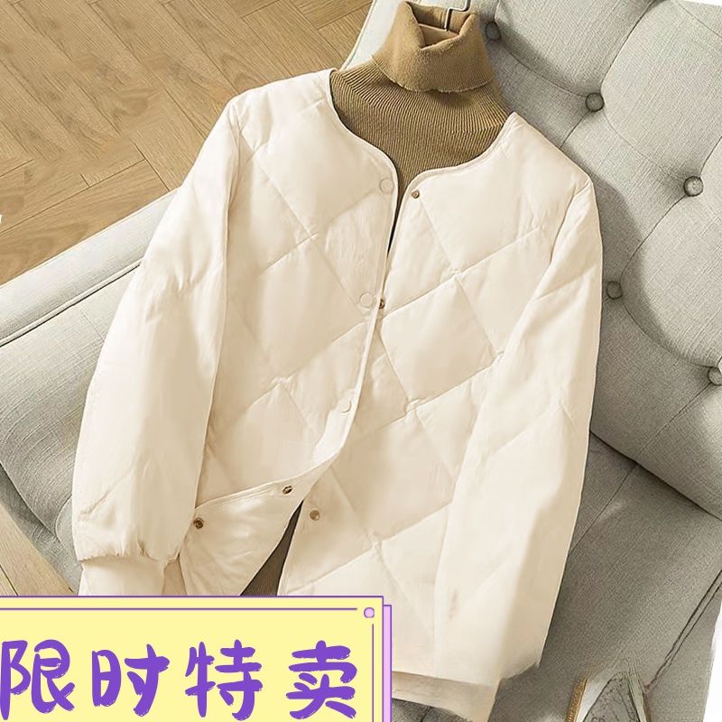 轻薄羽绒服服女轻便无领菱形格小羽绒服矮个子圆领宽松学生内